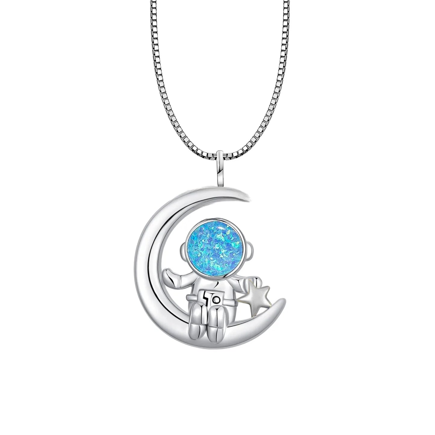 Ins Style Blue Opal Spaceman Necklace - Trendy Nightingale Charm Statement Jewelry Bulk