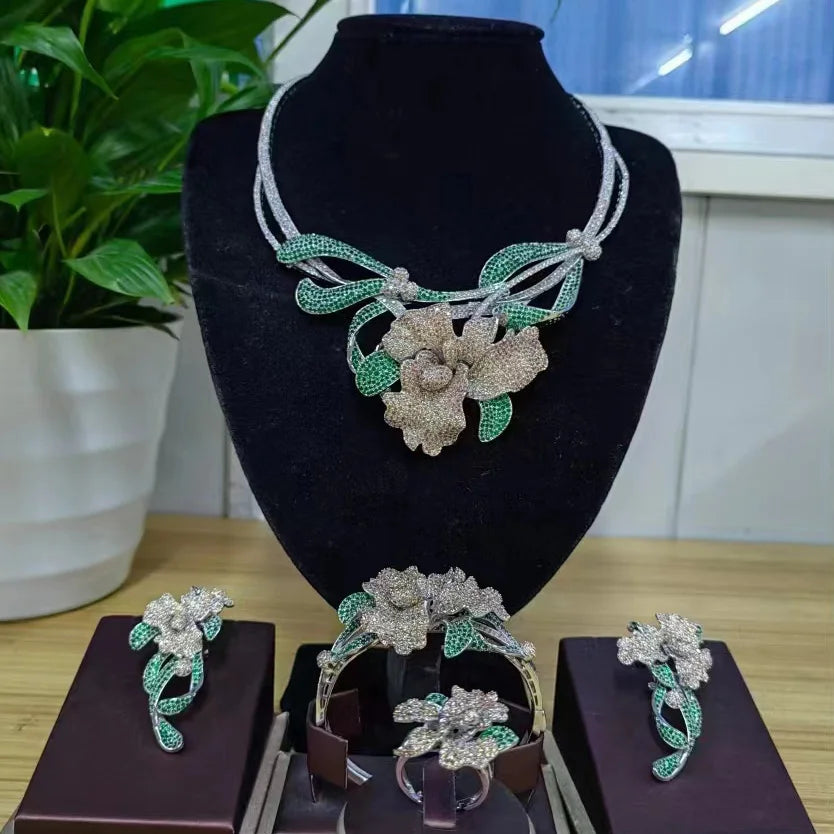 Zhuerrui Luxury Cubic Zirconia Jewelry Set American Diamond Flowers Jewelry Sets Necklace Bracelet Earrings Ring Jewellery Set