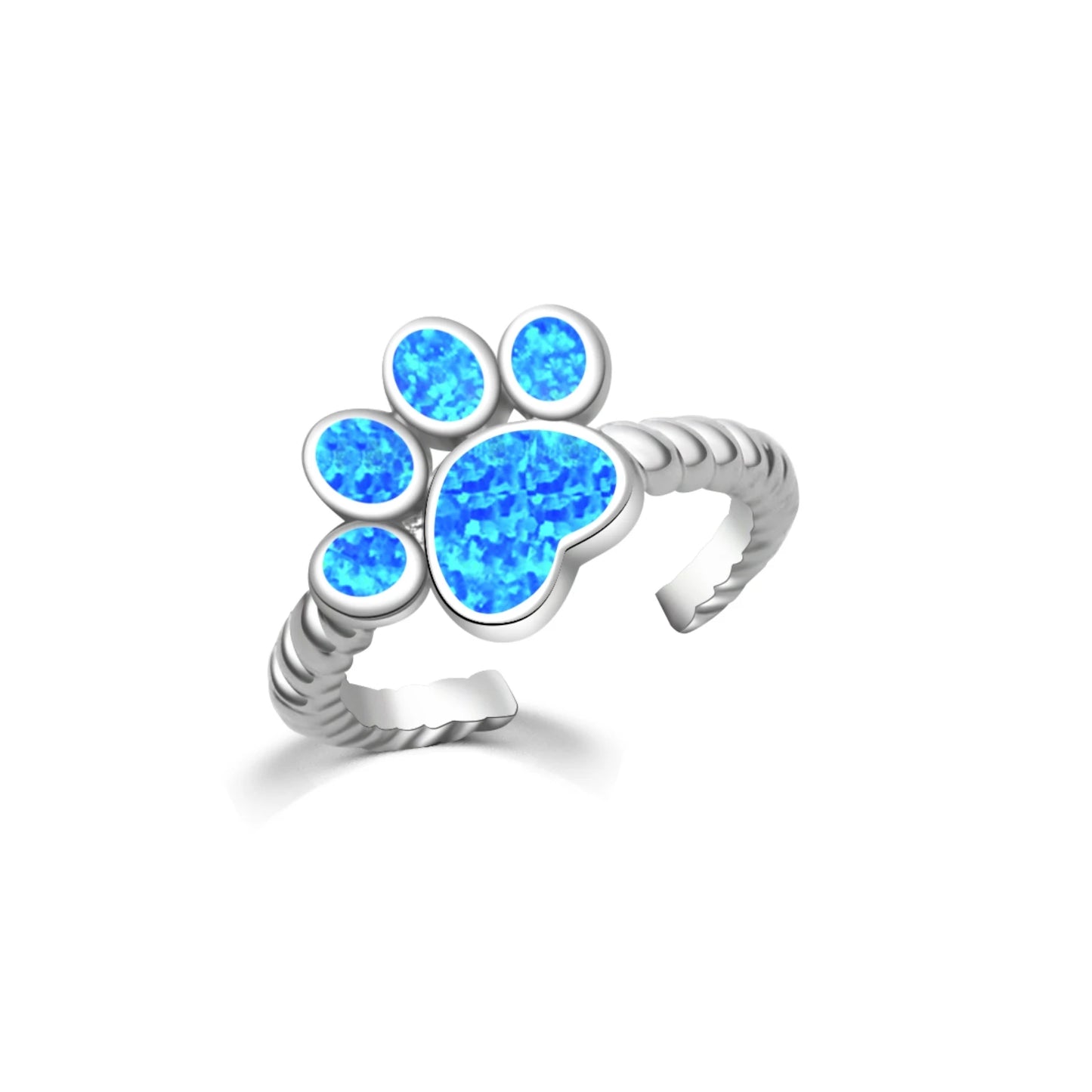 Cute Paw Print Blue Opal Open Ring | Iridescent Gem Inlay  Band | Adorable Pet-Themed Jewelry for Women Trendy Style