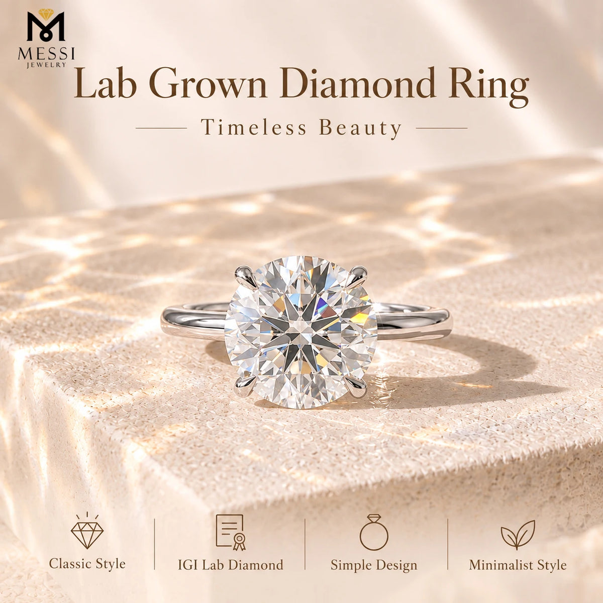 Gemfiori Messi Jewelry 10k 14k 18K White Gold Classic Designs Claw Setting Women 1CT 2CT 3CT Round Oval Pear IGI Lab Grown Diamond Ring