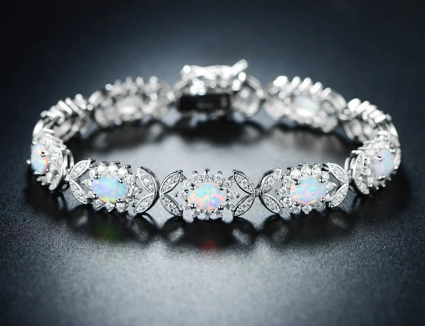Trendy Brass Beaded Oval-Shaped Flower Pattern Bracelets Opal Inlays-Bohemia Style Women's Jewelry Gold/Silver Plated