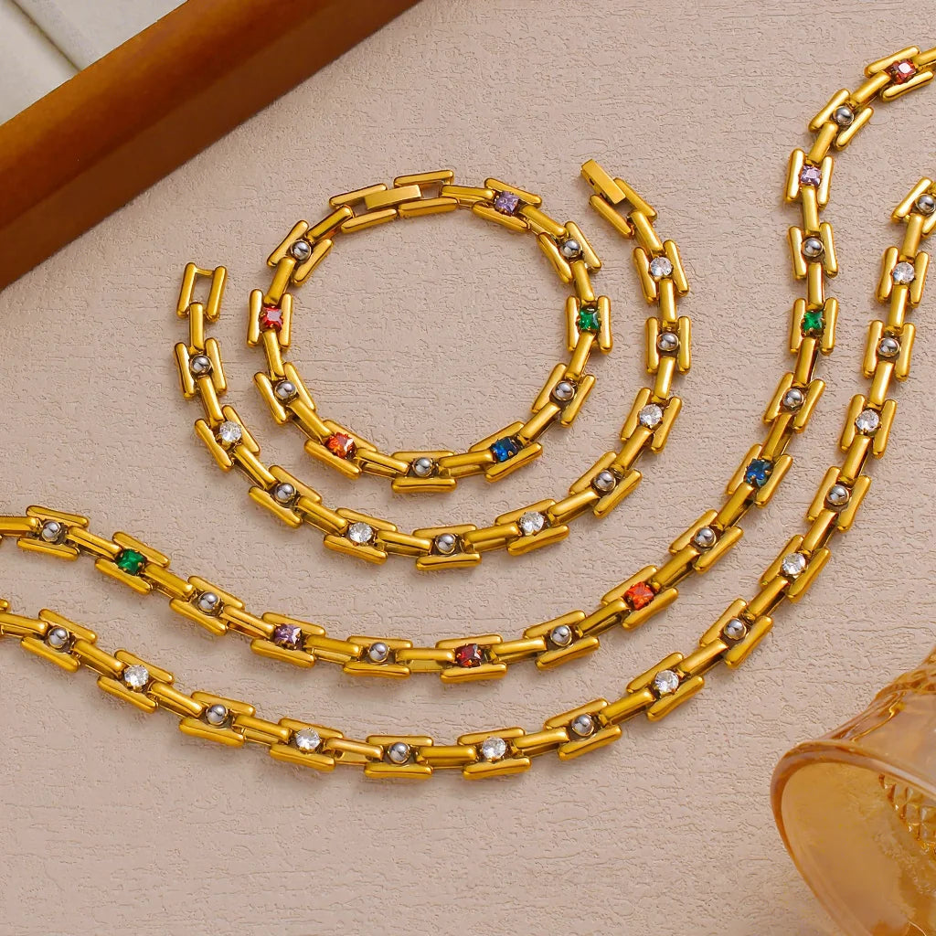 S&S Elegant Stylish Colorful Zircons Bracelet Necklace Jewelry Set Stainless Steel with Real Gold PVD Plating Wedding Gift
