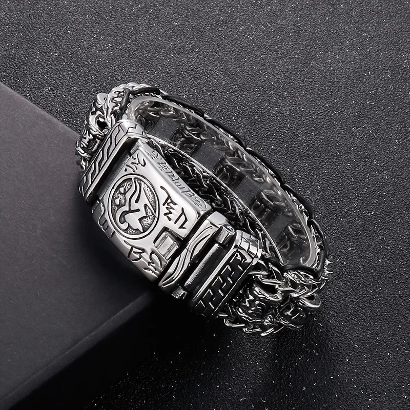 VIKING Mens Retro Stainless Steel & Cowhide Link Bracelet – Ancient Ethnic Symbols