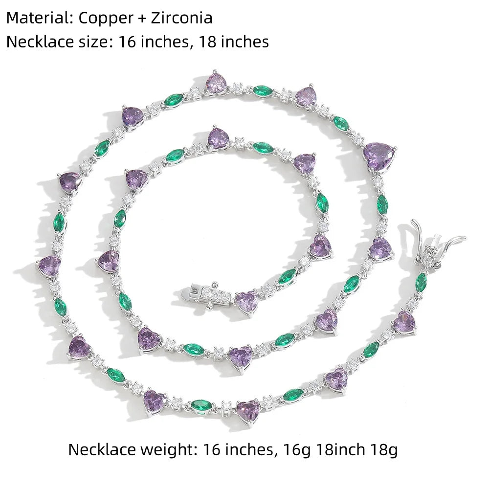 Luxury 16/18inches Purple Heart-Shaped Zircon Charm Tennis Necklace for Women Valentine Gift-Fashion Chains