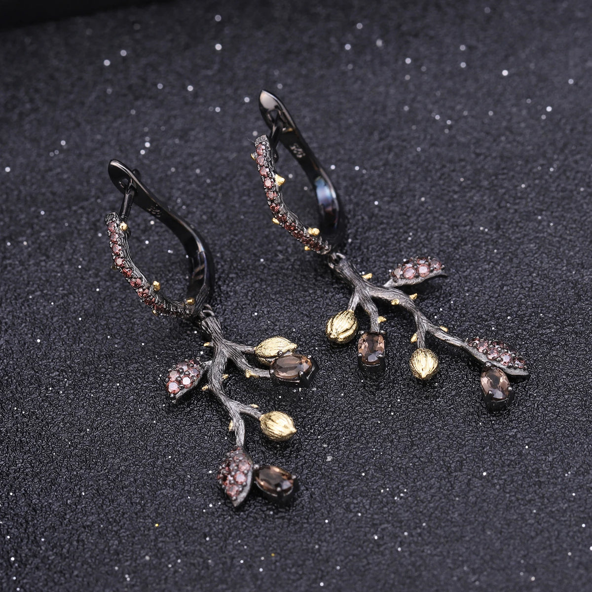 ArtistA Gold Plated Dainty 925 Silver Natural Gemstone Smoky Quartz Tree Leaf Branch Earrings Adjustable Two Finger Ring 2 Tone Set