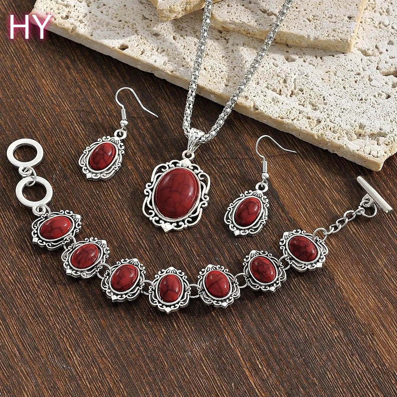 HY Fashion Vintage Gold Plated Turquoise Necklace Earrings Bracelet Three Piece Set Jewelry Women Wedding Engagement Party Gift