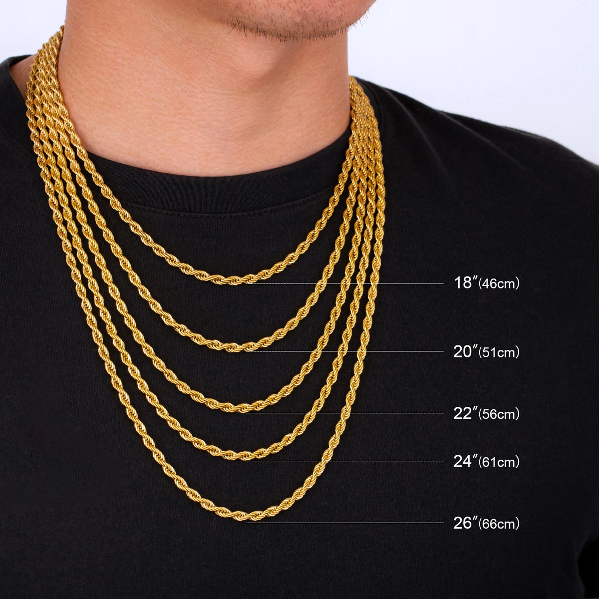 S&S 18K Gold Plated Rope Chain Necklace | Stainless Steel | 2.5–6mm
