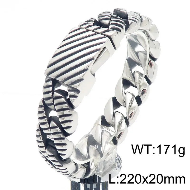 KALEN Vintage Fine Jewelry Fashion Bracelets Men Stainless Steel Striped Cuban Links Bracelet Bangle