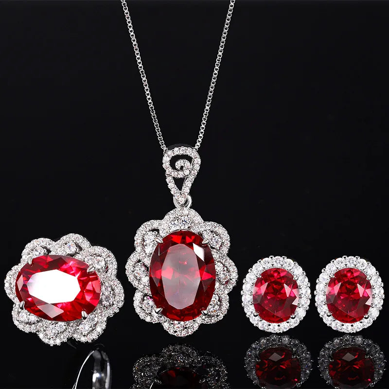 Gemfiori Fashionable Light Luxury Minimalist Jewelry Sunflower Inlaid with Red Zircon Pendant Niche Design Retro Jewelry Set
