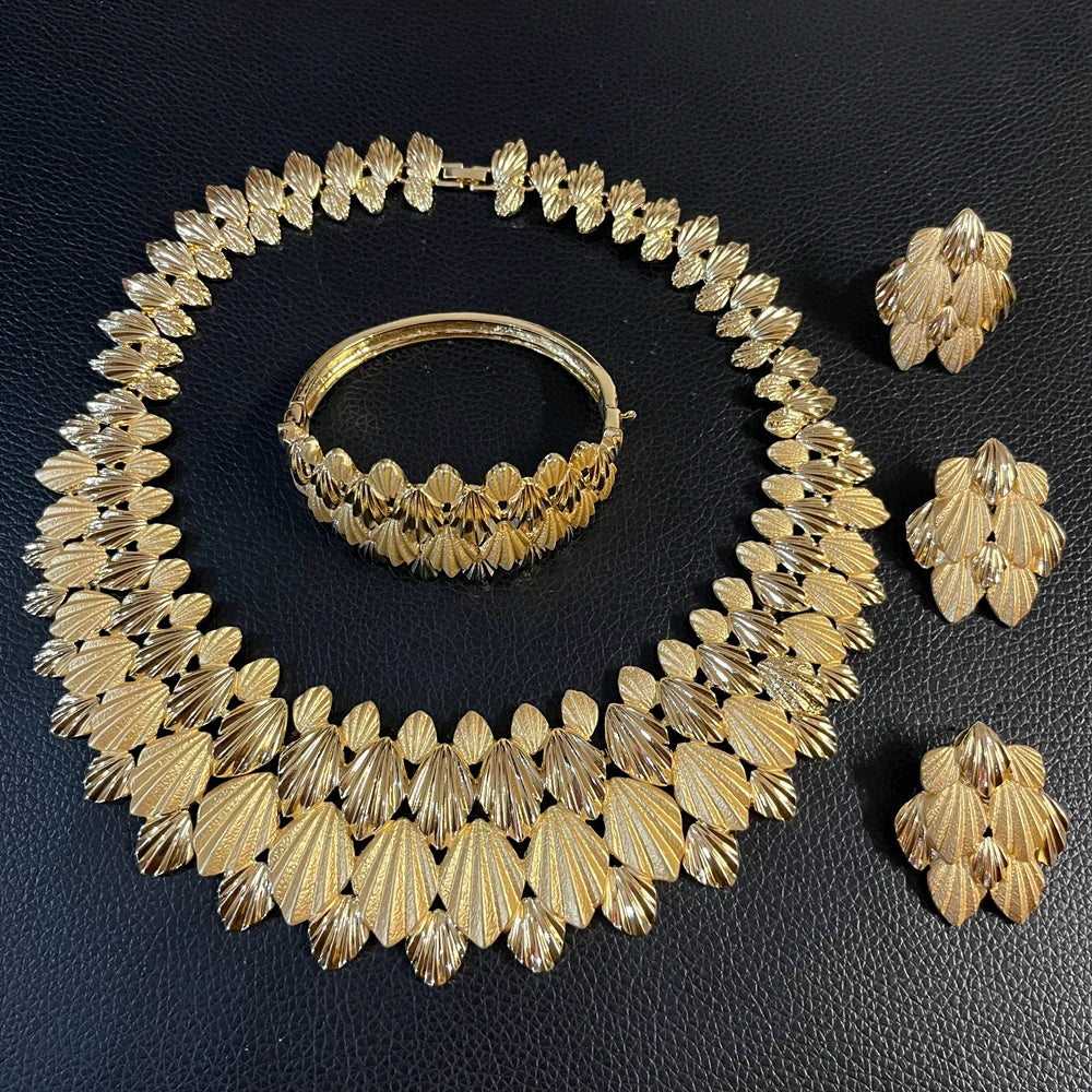 Zhuerrui Gold Plated Fan Leaf Texture Jewelry Set 4pcs Women Necklace Earrings Bracelet Ring for Wedding Evening Party I0073