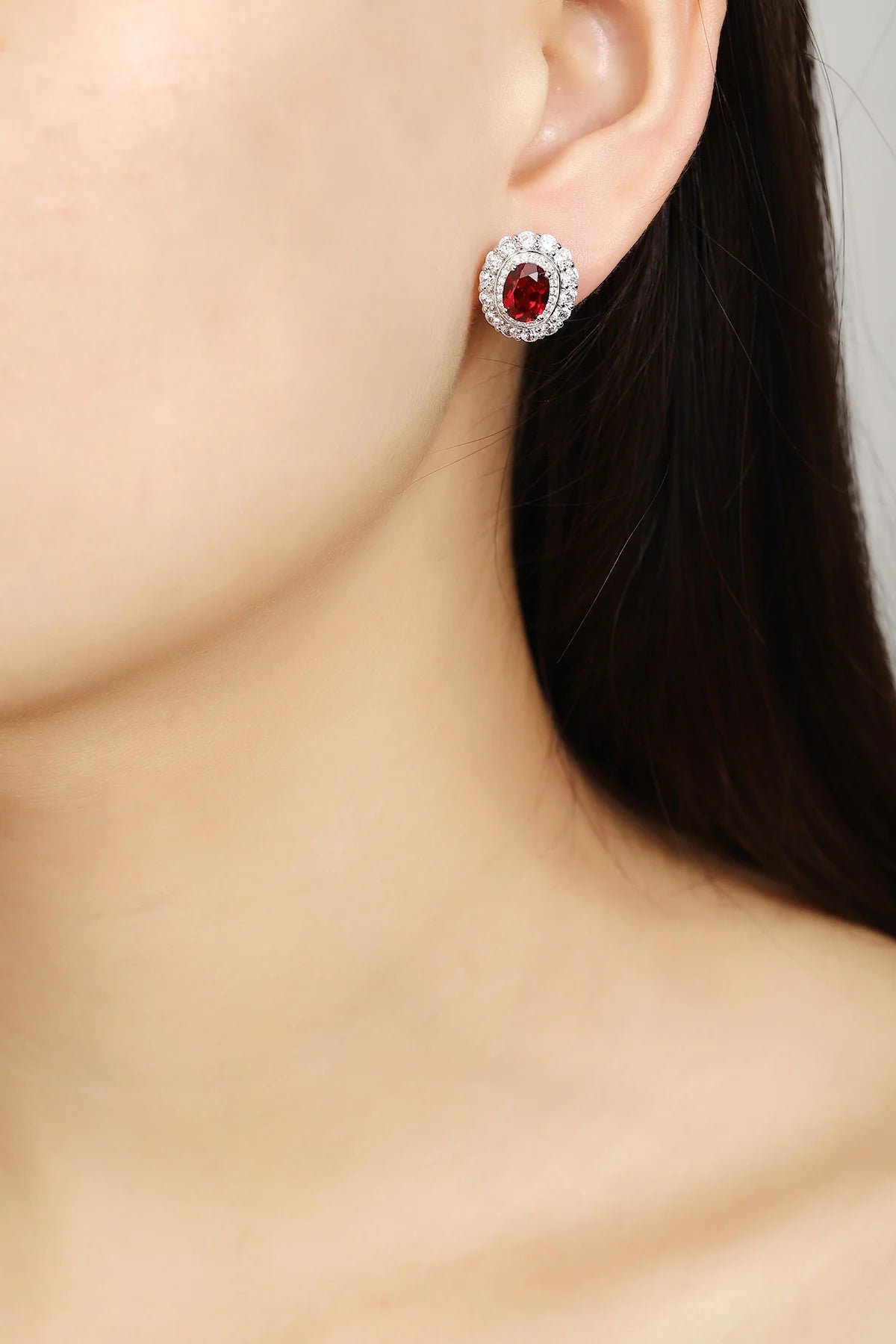Gemfiori Classic 925 Sterling Silver Rhodium Plated Lab Grown Ruby Earrings Gemstone Jewelry Halo Stud Earring for Women