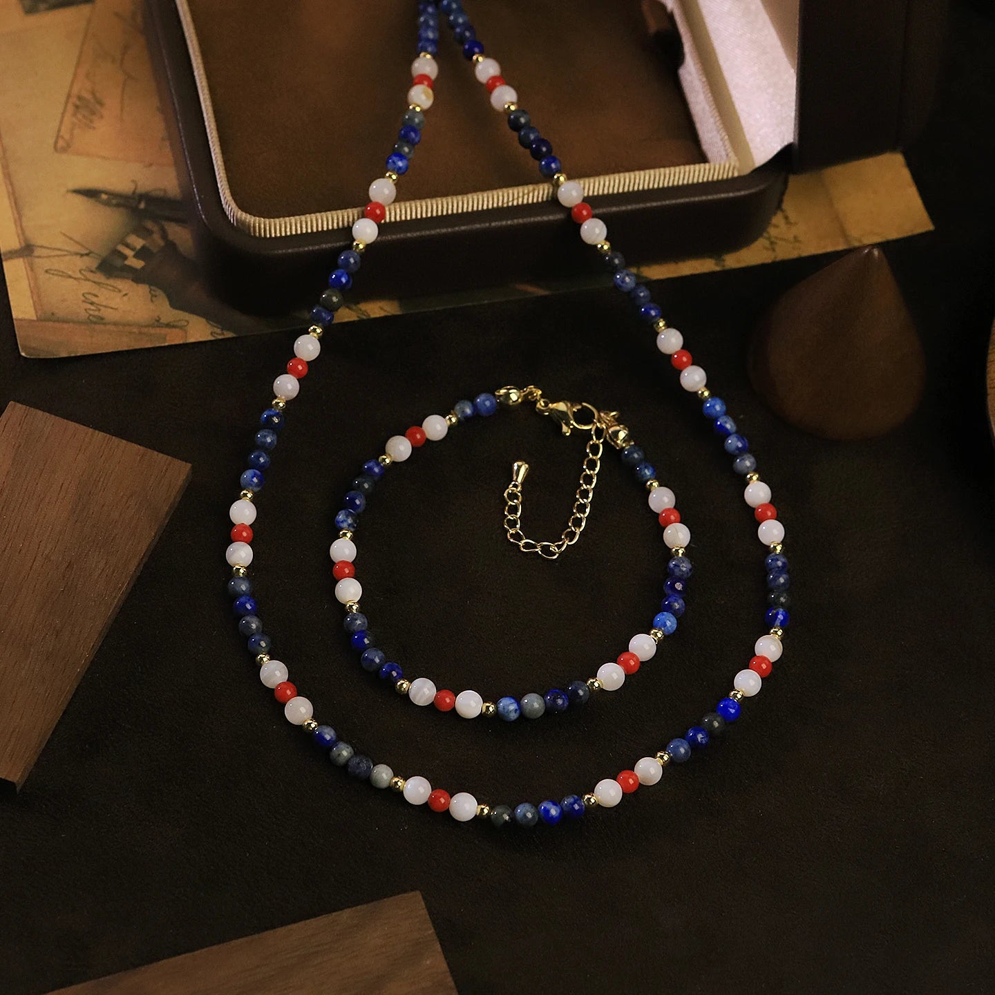 GLSEEVO Natural Freshwater Pearl, Red Coral & Lapis Lazuli Beaded Necklace & Bracelet Set — Nautical Bohemian Jewellery