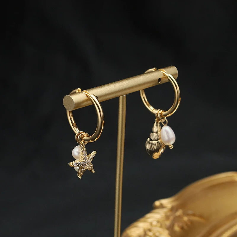 Starfish Sea Snail Natural Fresh Water Pearl Dissymmetry Earring for Woman Original Unique Western Fashion Party Jewelry