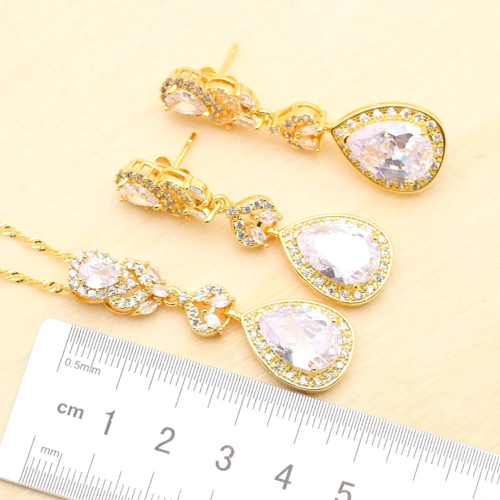 XOTICA 2023 Women's Gold Jewelry Set with White Zircon Wedding Party Engagement Bracelet Earrings Necklace Pendant Ring Gift