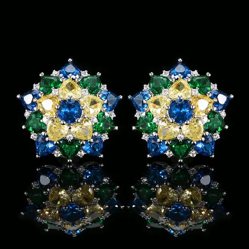 Gemfiori European and American Minimalist Zircon Earrings Necklace Ring Set Fashionable and Colorful Flower Design Jewelry
