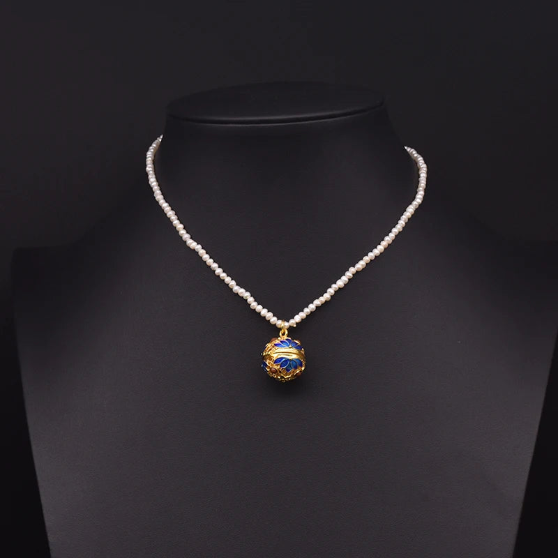 Natural Freshwater Pearl Pendant Necklace Cloisonne Style Suitable for Girlfriend Ladies Vintage Jewelry