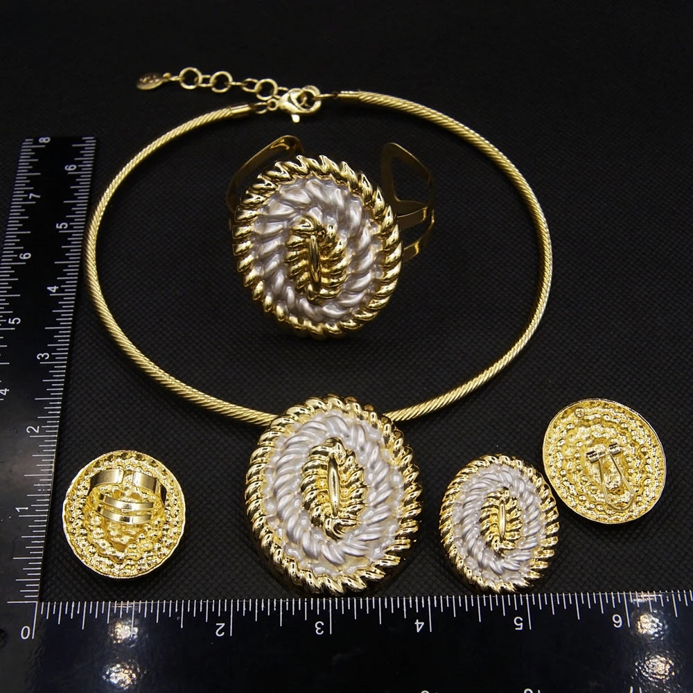 Zhuerru Italian Gold Plated Jewelry Set Simple Oval Necklace Bracelet Earrings Jewels Sets Bridal Wedding Accessories H00444