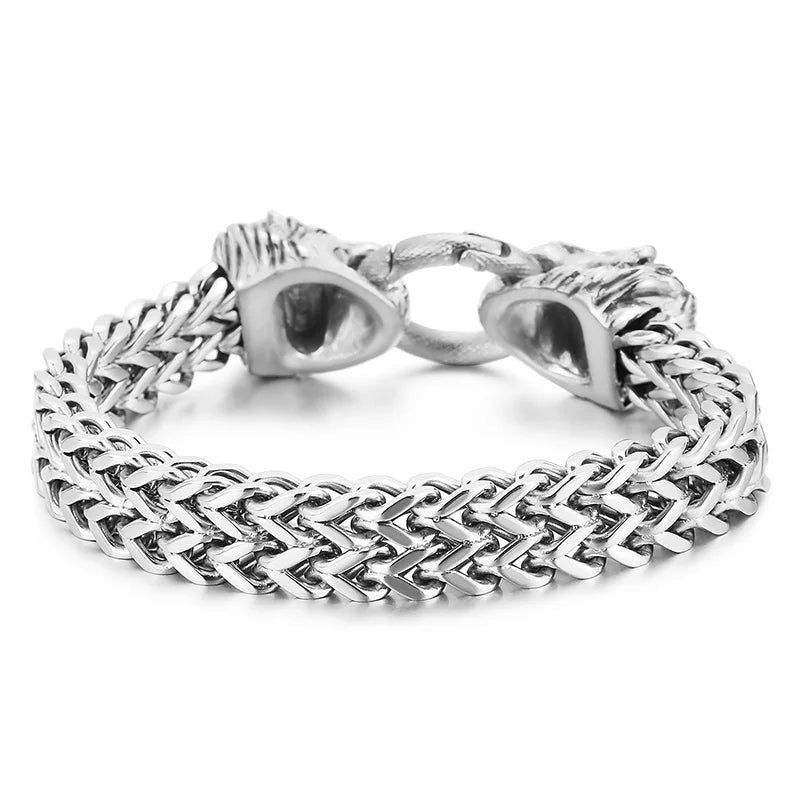 VIKING Mens Lion Head Herringbone Link Bracelet – Silver & Gold