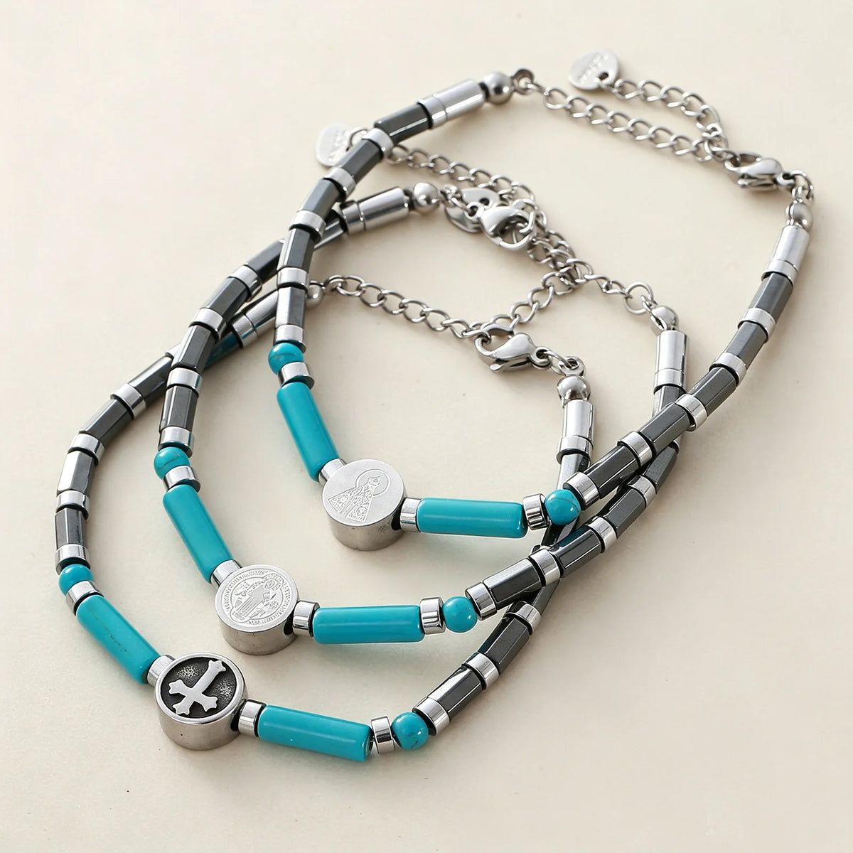 XOTICA Handmade Stainless Steel Chain Hematite Spacer Natural Stone Turquoise Beaded Cross Bracelet Fashion Jewelry Gifts for Men