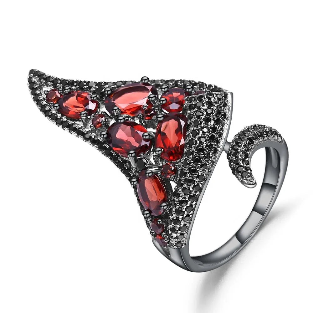 ArtistA Abiding Special Design 925 Sterling Silver Gemstone Black Cz Real Red Garnet Jewelry Ring Earrings Pendant Set for Women