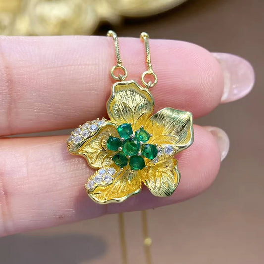 Gioiellieri Vintage 925 Sterling Silver Oval Cut Emerald Pendant Necklace Gold Plated Classic Style Party & Wedding Jewelry