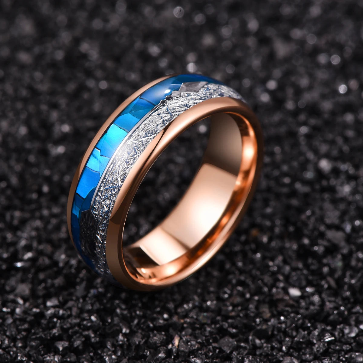 REBEL 8mm Width Rose Golden Plated Inlaid Blue Shell Imitation Meteorite Arrow logo Men's Tungsten Ring Jewelry