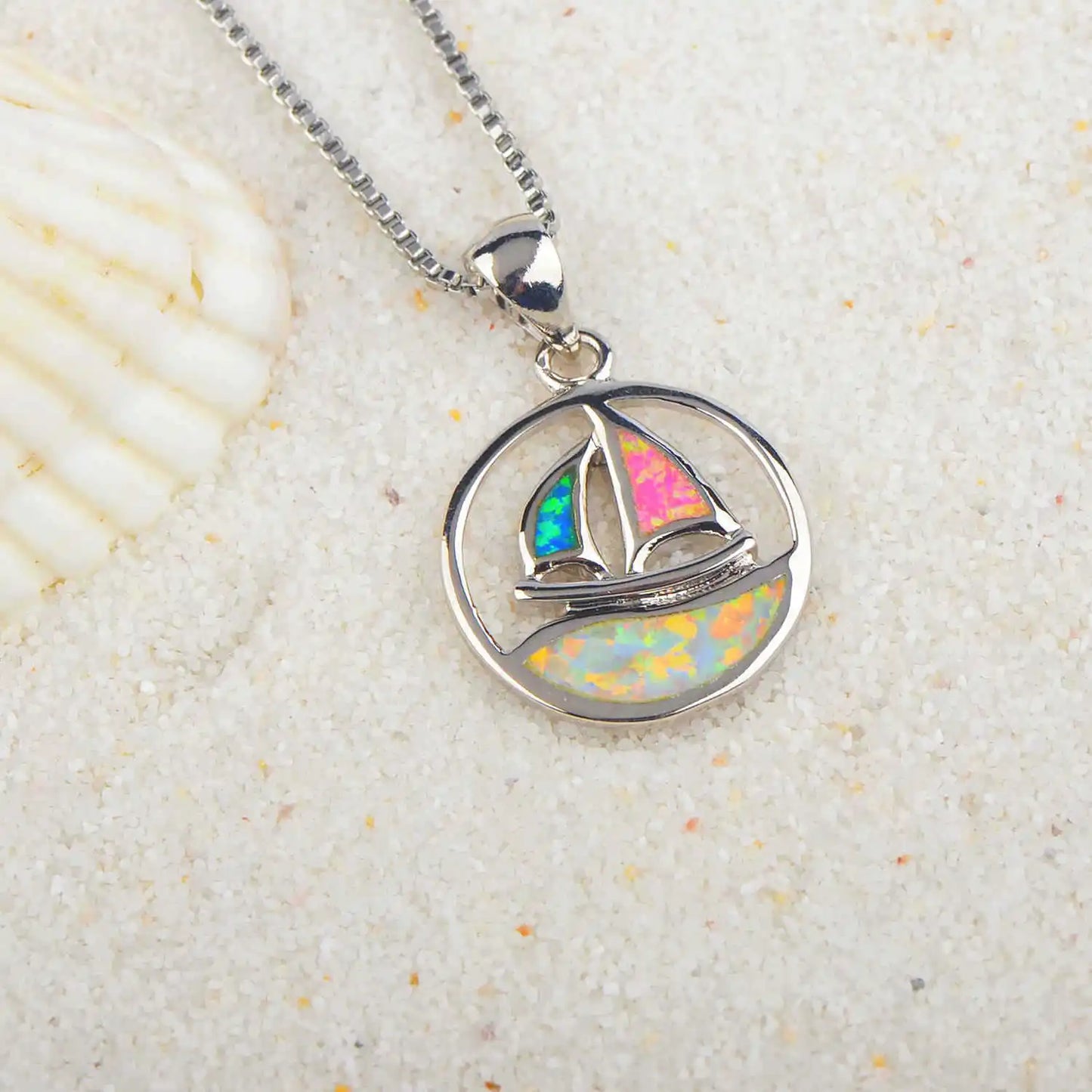 Aobao New Style Blue Opal Sailboat Necklace, Small Boat Pendant Sweater Chain, Opal Necklace