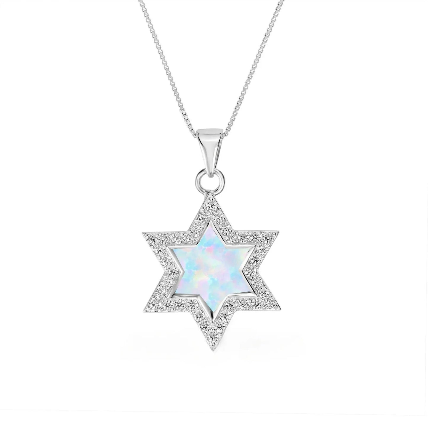 Aobao Women's Fashionable Brass Silver Plated Opal Necklace Blue Hexagonal Star Pendant Clavicle Box Chain Vintage Style Charm