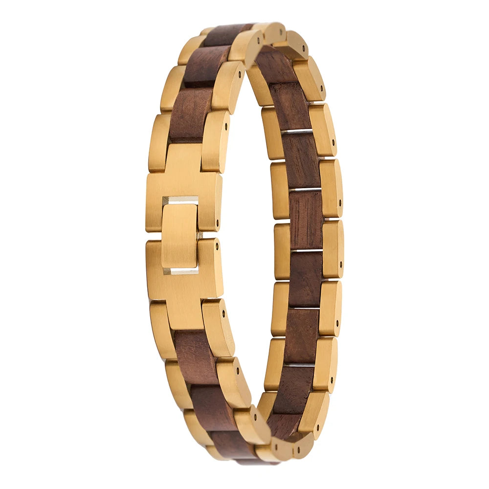 REBEL Handmade Unisex Natural Walnut Wood Luxury Trendy Gift Jewelry & Gold Stainless Steel Chain & Link Bracelet