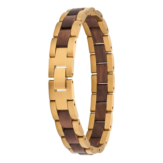 REBEL Handmade Unisex Natural Walnut Wood Luxury Trendy Gift Jewelry & Gold Stainless Steel Chain & Link Bracelet