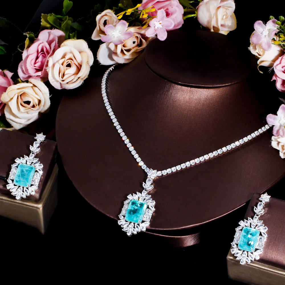 Women Quality Big Chic Yellow Cubic Zirconia Stone Wedding Tennis Necklace and Drop Earrings for Bridal Jewelry Set Accessories