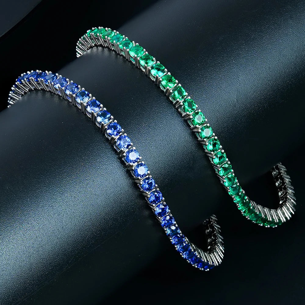 S&S High Quality Lab Created Gemstones Jewelry 925 Sterling Silver Round Cut Zambian Emerald Sapphire Tennis Bracelets for Women Men
