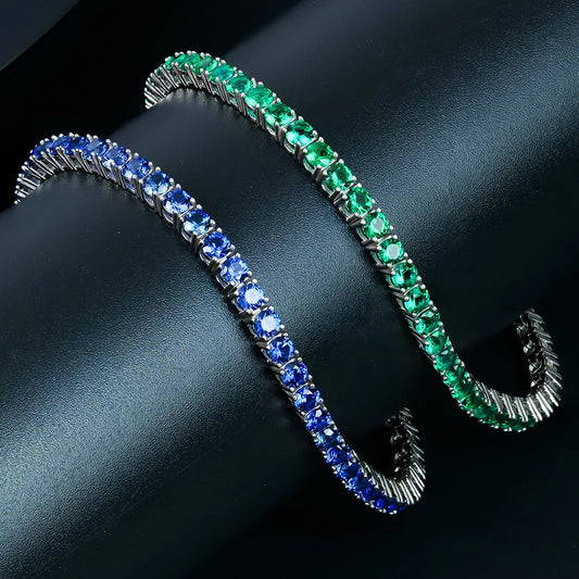 S&S High Quality Lab Created Gemstones Jewelry 925 Sterling Silver Round Cut Zambian Emerald Sapphire Tennis Bracelets for Women Men