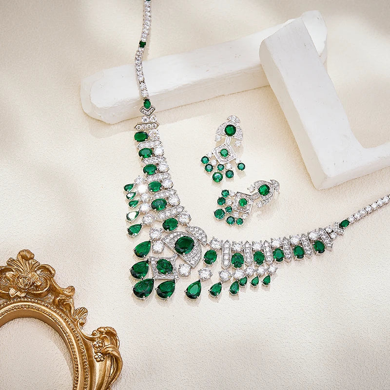 Bridal Wedding High-end Jewelry Necklace Earring Set Heavy Craftsmanship Shining Pear Shaped Zirconia Banquet Accessories
