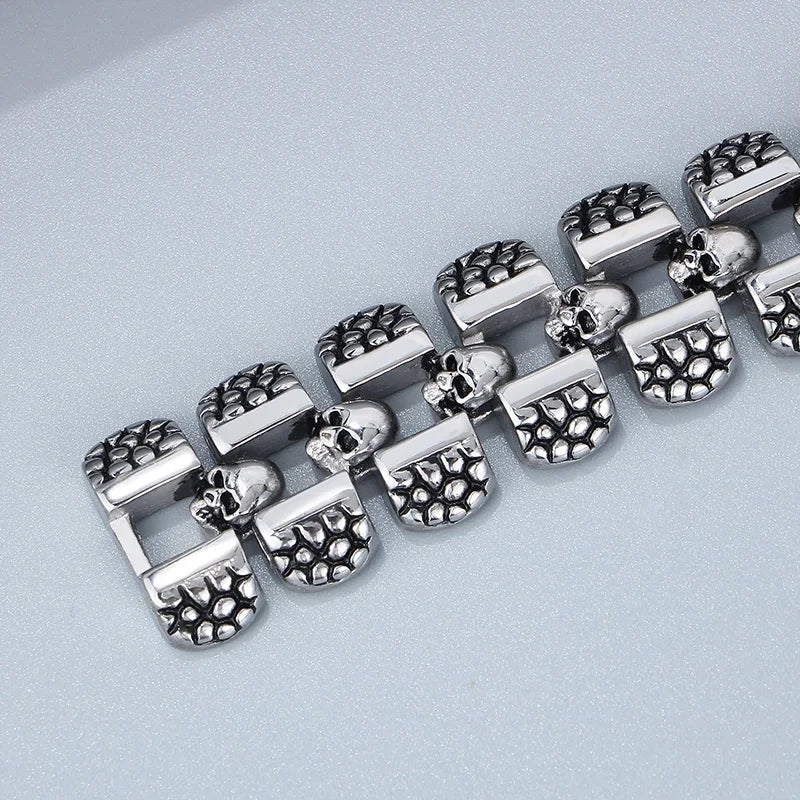 KALEN 220mm Men Punk Flexible Stainless Steel Skull Charm Links Bracelet