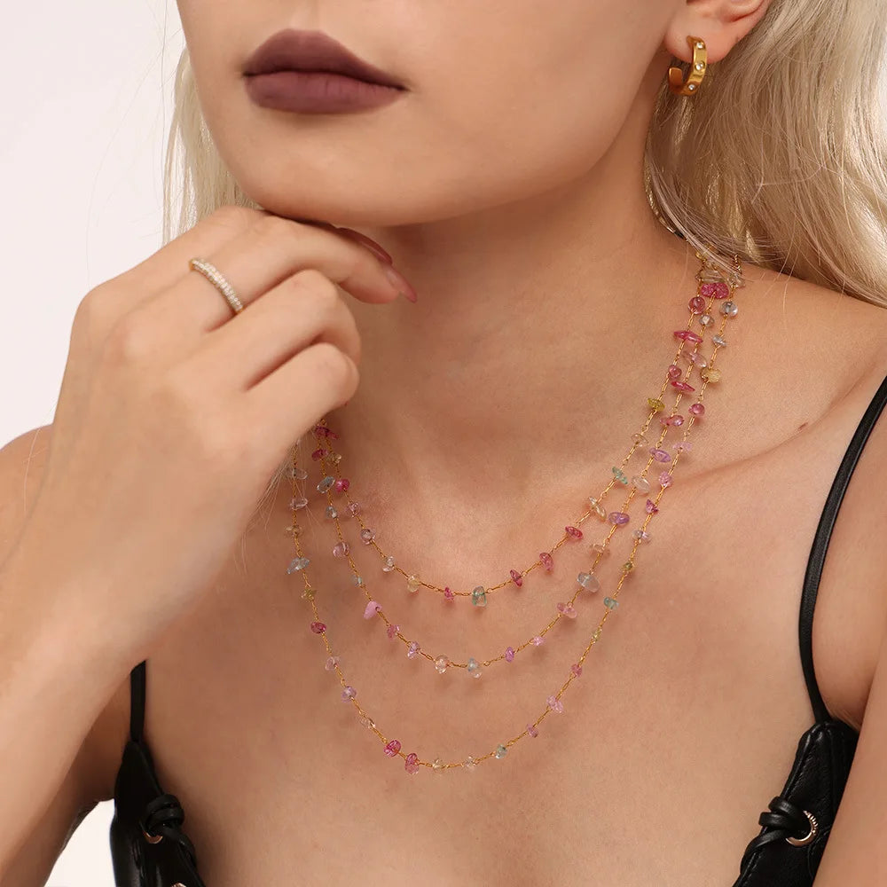 New Fashion Multicolor Crystal Rainbow Beaded Bracelet and Necklace Set for Girls Slim Chain Stainless Steel Necklace Women