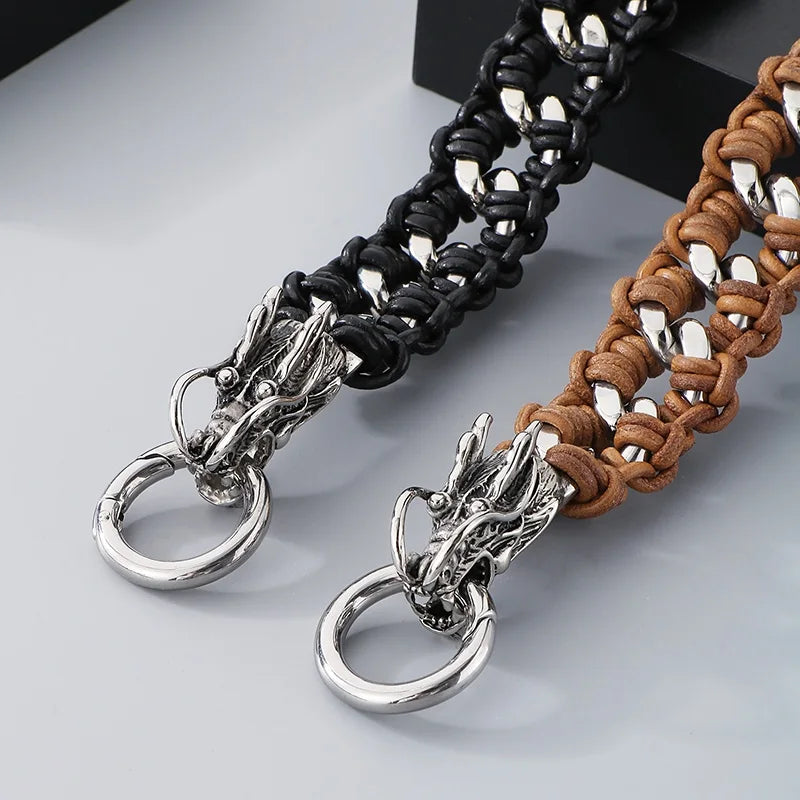 KALEN Punk Fine Jewelry Fashion Bracelets Men Stainless Steel Micro Fiber Leather Skull Links Bracelet Bangle
