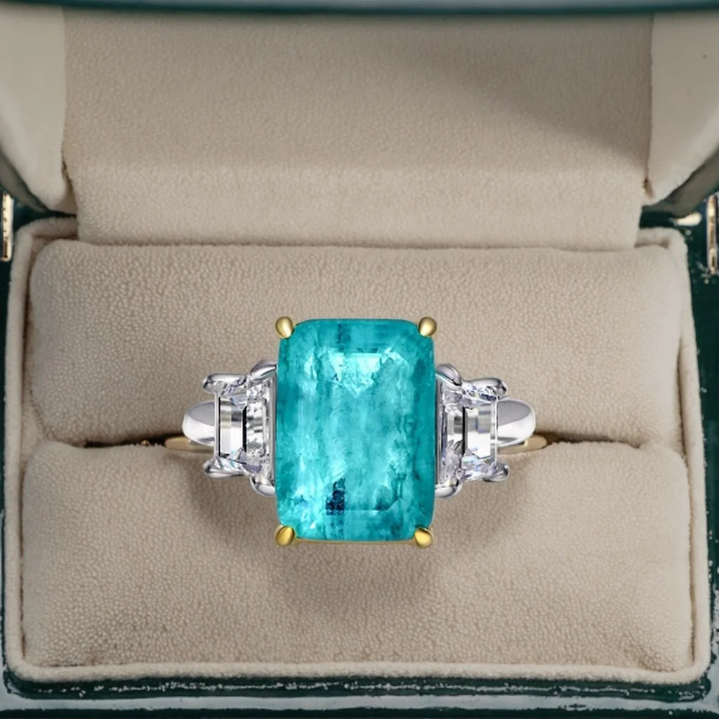 MUSHAN Luxury 925 Sterling Silver Synthetic Paraiba Rectangular 8ct Blue Gemstone Pave Setting Ring for Women Party Anniversary