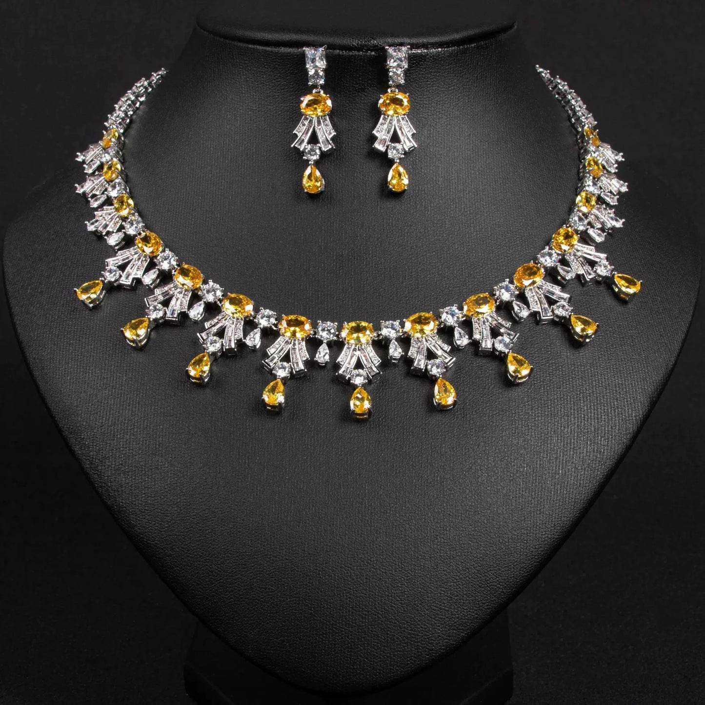 XM S314 Oval Cut Zircon Art Deco Statement Necklace & Drop Earrings Set