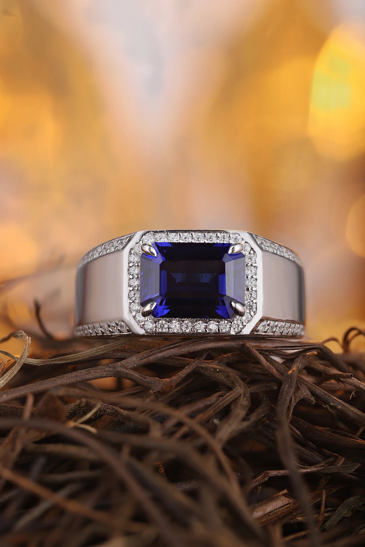 Gemfiori Luxury Wedding Jewelry Men Sterling 925 Silver Men Ring 3.4ct Lab Grown Sapphire Men Ring