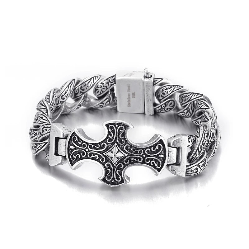 VIKING Mens Neo-Gothic Cross Charm Bracelet – Silver & Ancient Silver