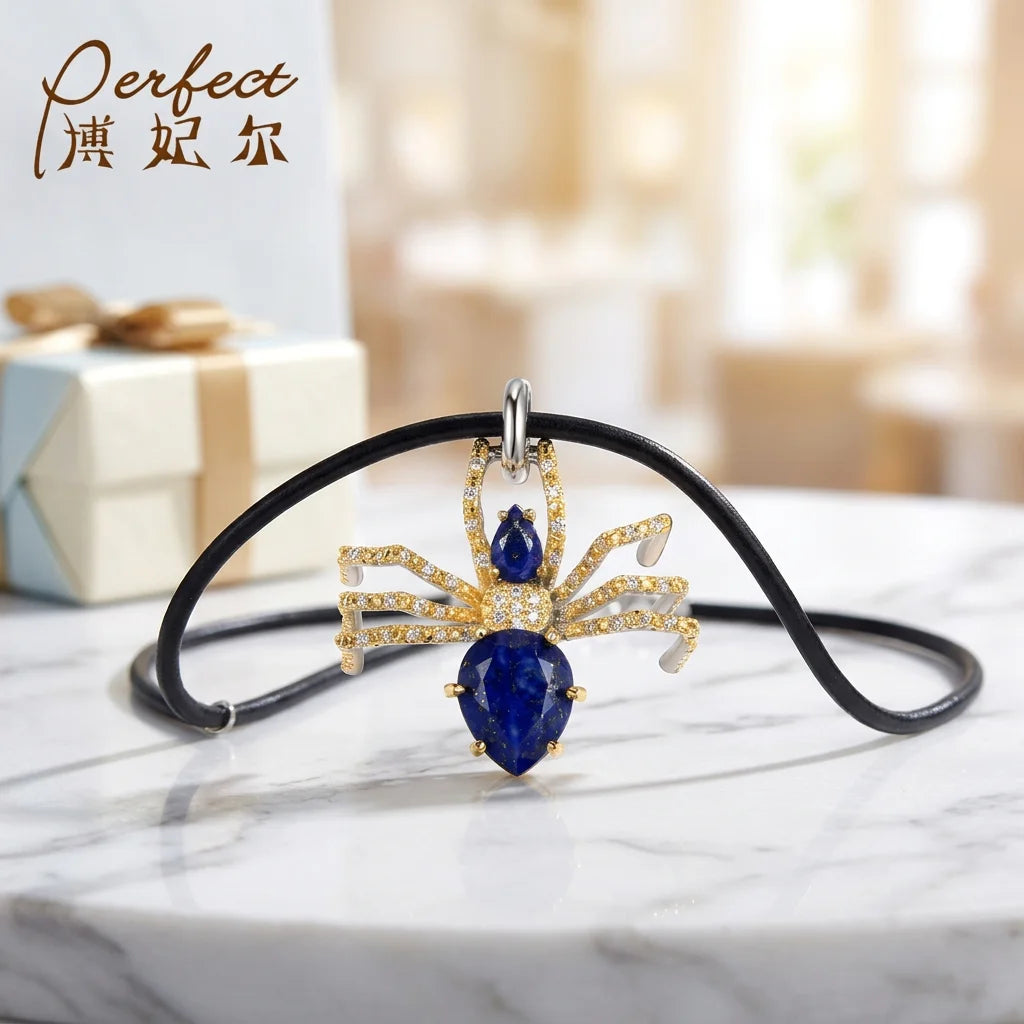PERFECT Guangdong 18K Gold Plated Rhodium Plated Women's Classic Spider Shape Lapis Stone 925 Sterling Silver Pendant RCS