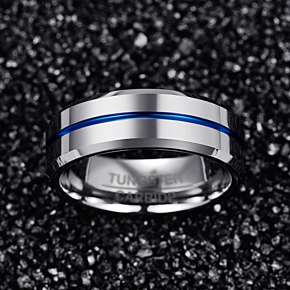 REBEL 8mm Width Polish Chamfer Edges Plated Blue groove Men's Tungsten Ring Jewelry Gift