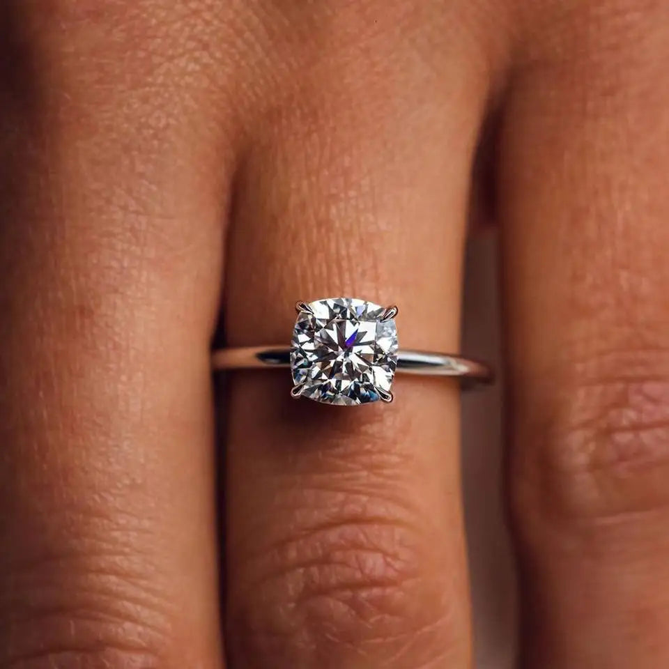 Natural Diamond 14k Solid Gold Solitaire Ring Cushion Cut Hidden Halo Prong Setting Cute Classic Engagement Wedding Party 1-3ct