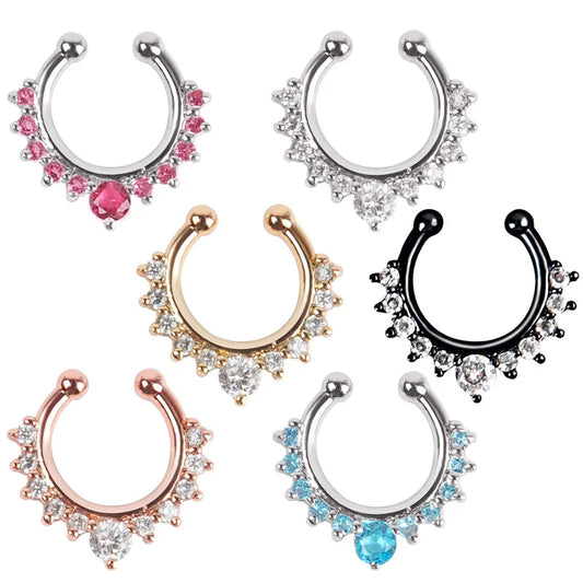 S&S Stainless Steel Crystal Septum Nose Hoop Ring | Clip-On | 5 Designs
