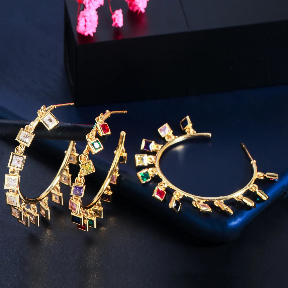 S&S Rainbow Square CZ Charm Hoop Earrings – 18K Gold Plated – Multi & White – Collection