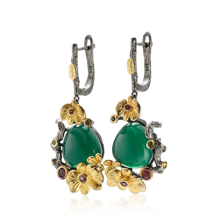 Best Selling Fashion Dangle Green Agate Round Vintage Fine Jewelry 925 Sterling Silver Earrings