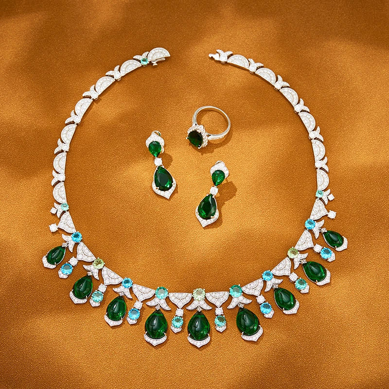 Luxury Women's Brass Necklace Earrings and Ring Three Piece Set  Water Droplet Green Zirconia Banquet and Wedding Accessories
