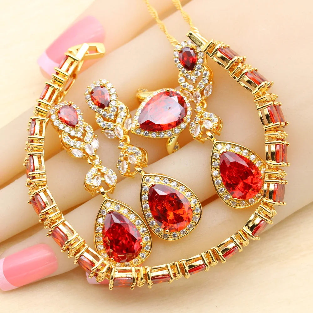 XOTICA 2023 Women's Gold Jewelry Set with White Zircon Wedding Party Engagement Bracelet Earrings Necklace Pendant Ring Gift