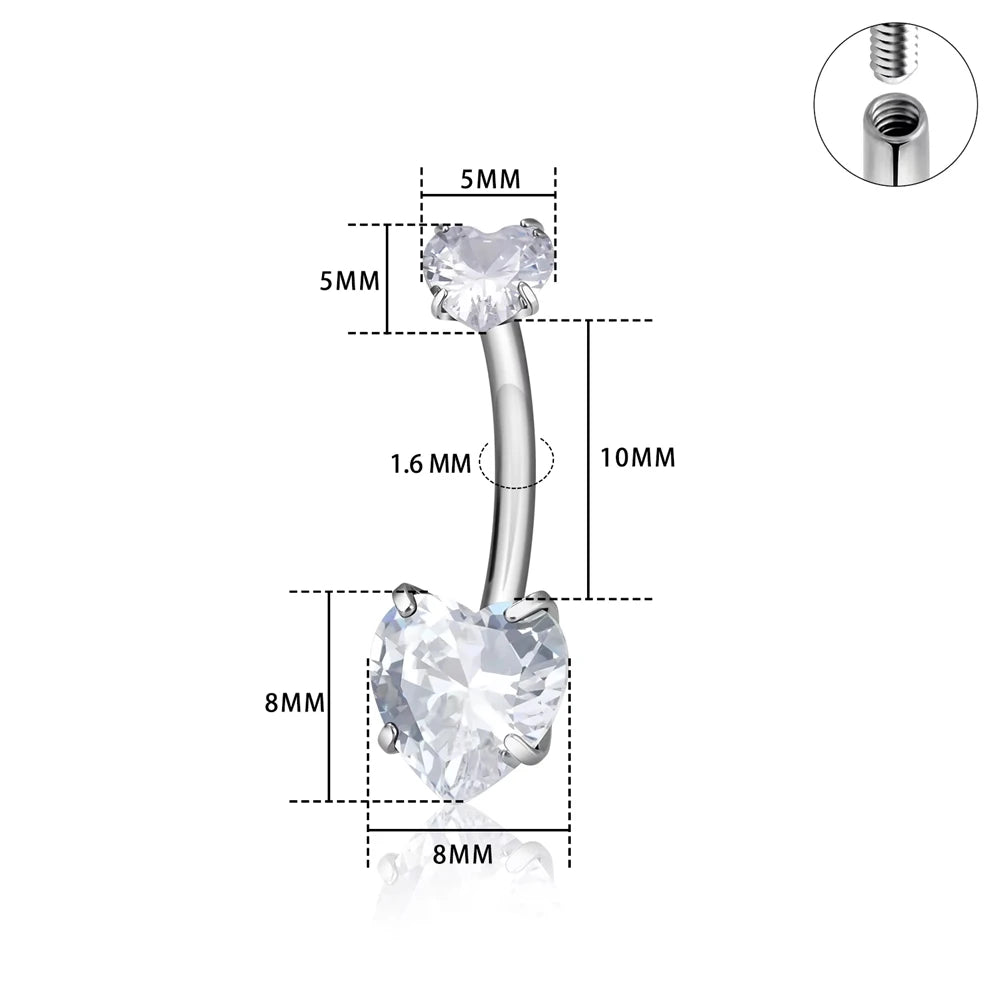 G23 ASTM F136 Titanium Navel Piercing 14G Belly Button Ring Double Heart Zircon Inlay Women Fashion Body Jewelry